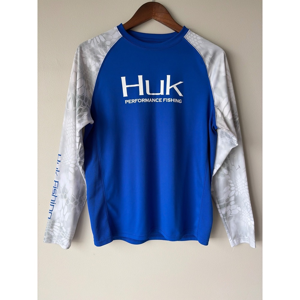 Huk Performance Fishing Shirt Mens Small Blue Long Sleeve Camo Raglan Sun Top